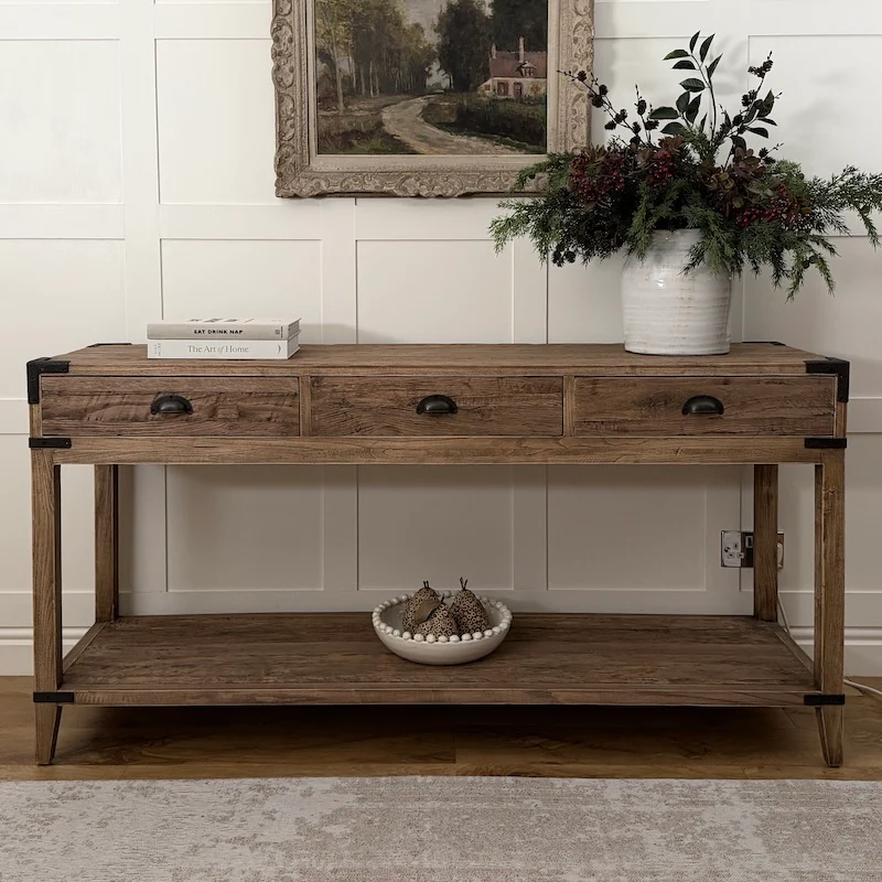 Weathered Rustic 3 Drawer Reclaimed Oak Console Table - Image 10