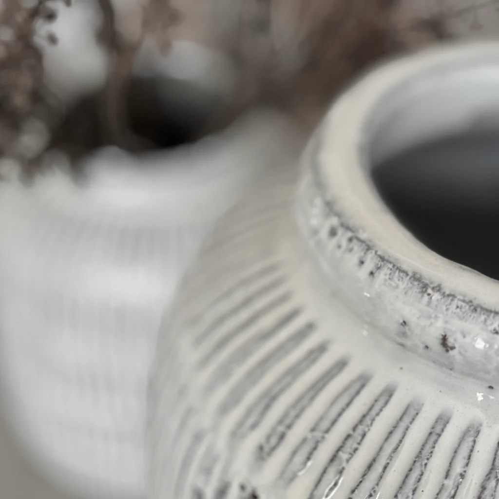 White Glazed Terracotta Ridge Vase - Image 3