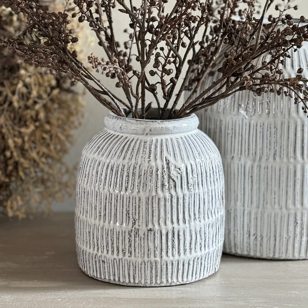 White Glazed Terracotta Ridge Vase - Image 4