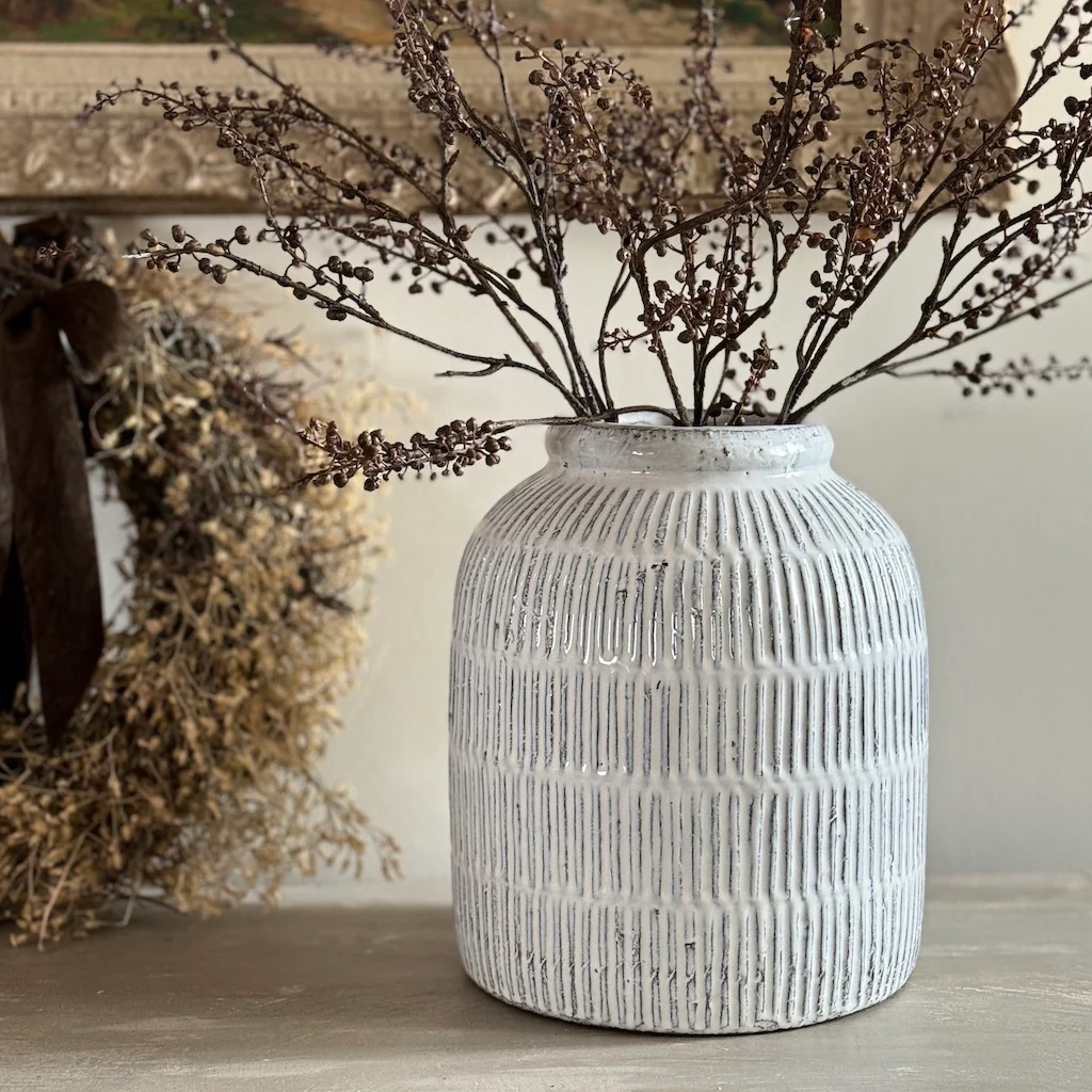 White Glazed Terracotta Ridge Vase - Image 5