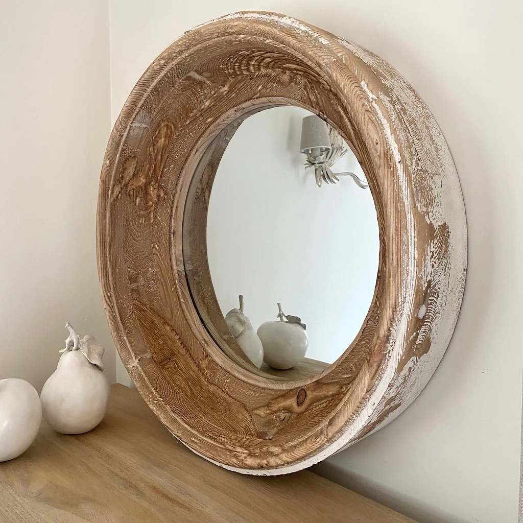 White Wash Round Wooden Chunky Mirror - Image 3