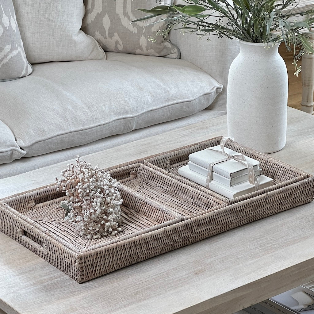Whitewashed Low Profile Rattan Trays Four Sizes Available