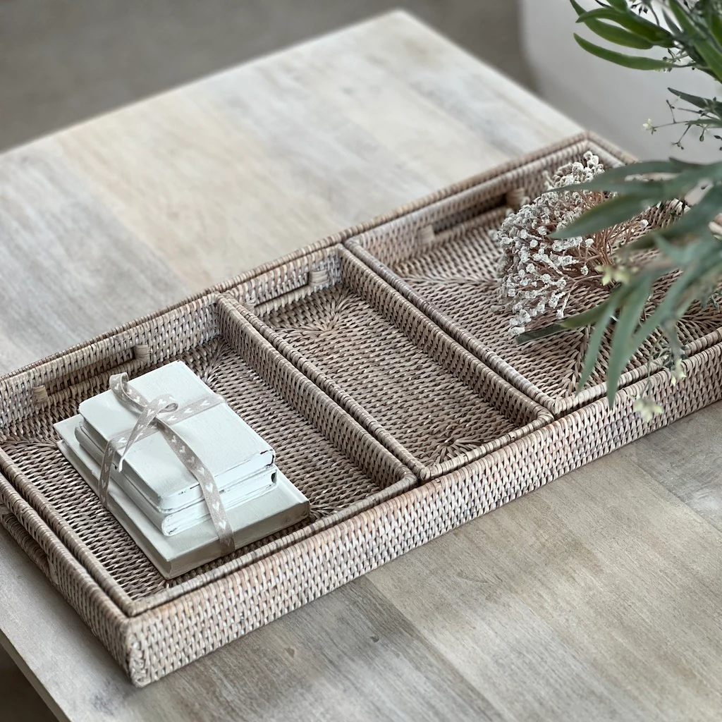 Whitewashed Low Profile Rattan Trays Four Sizes Available - Image 10
