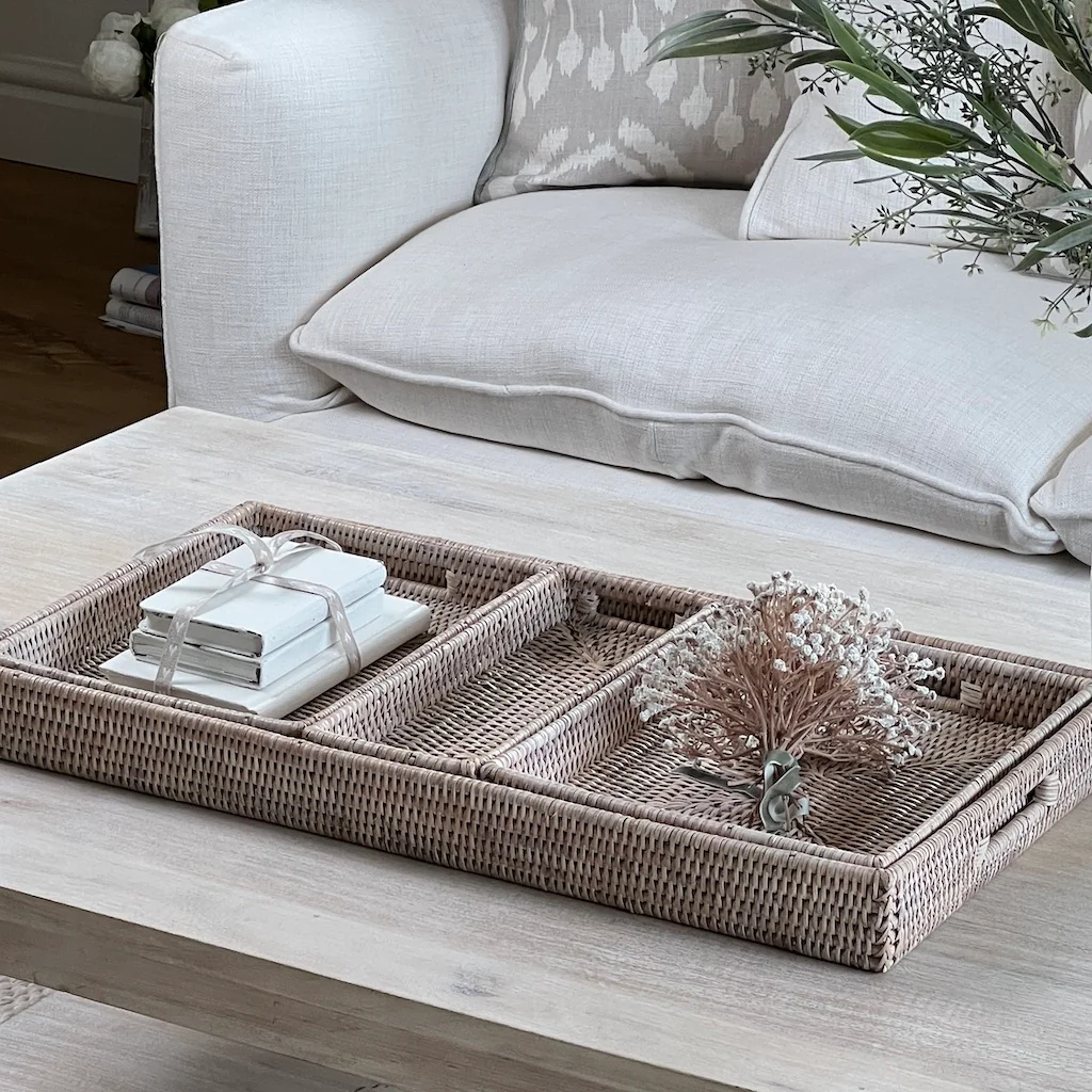 Whitewashed Low Profile Rattan Trays Four Sizes Available - Image 11