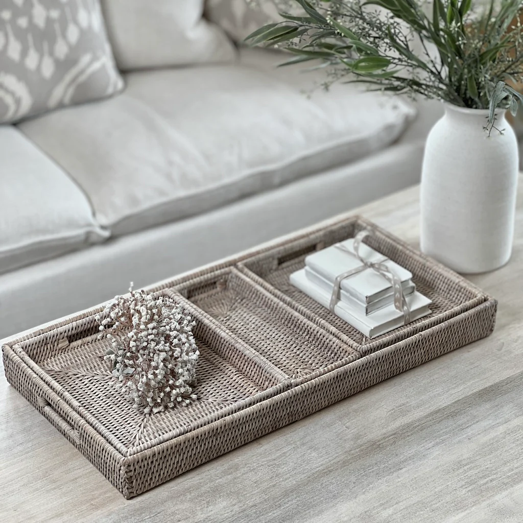 Whitewashed Low Profile Rattan Trays Four Sizes Available - Image 12