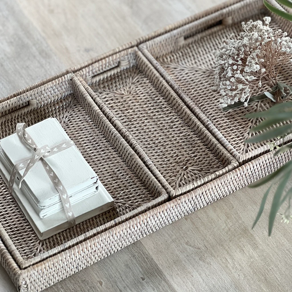 Whitewashed Low Profile Rattan Trays Four Sizes Available - Image 2