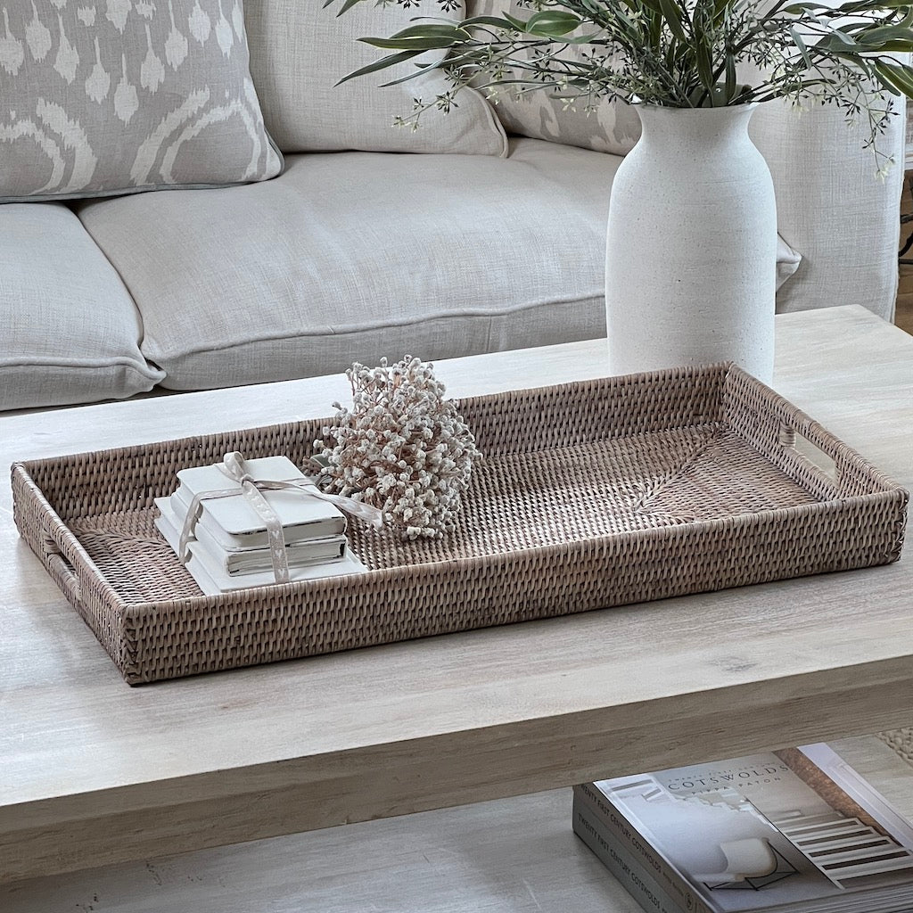 Whitewashed Low Profile Rattan Trays Four Sizes Available - Image 4