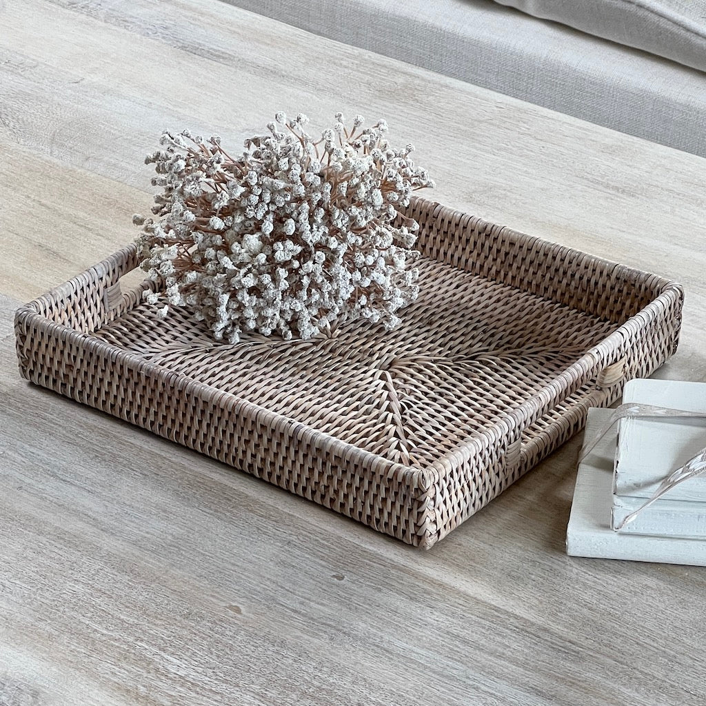 Whitewashed Low Profile Rattan Trays Four Sizes Available - Image 5