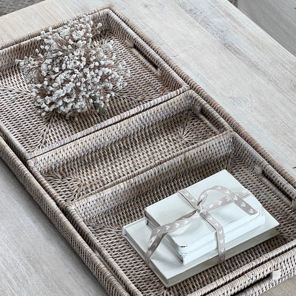 Whitewashed Low Profile Rattan Trays Four Sizes Available - Image 7