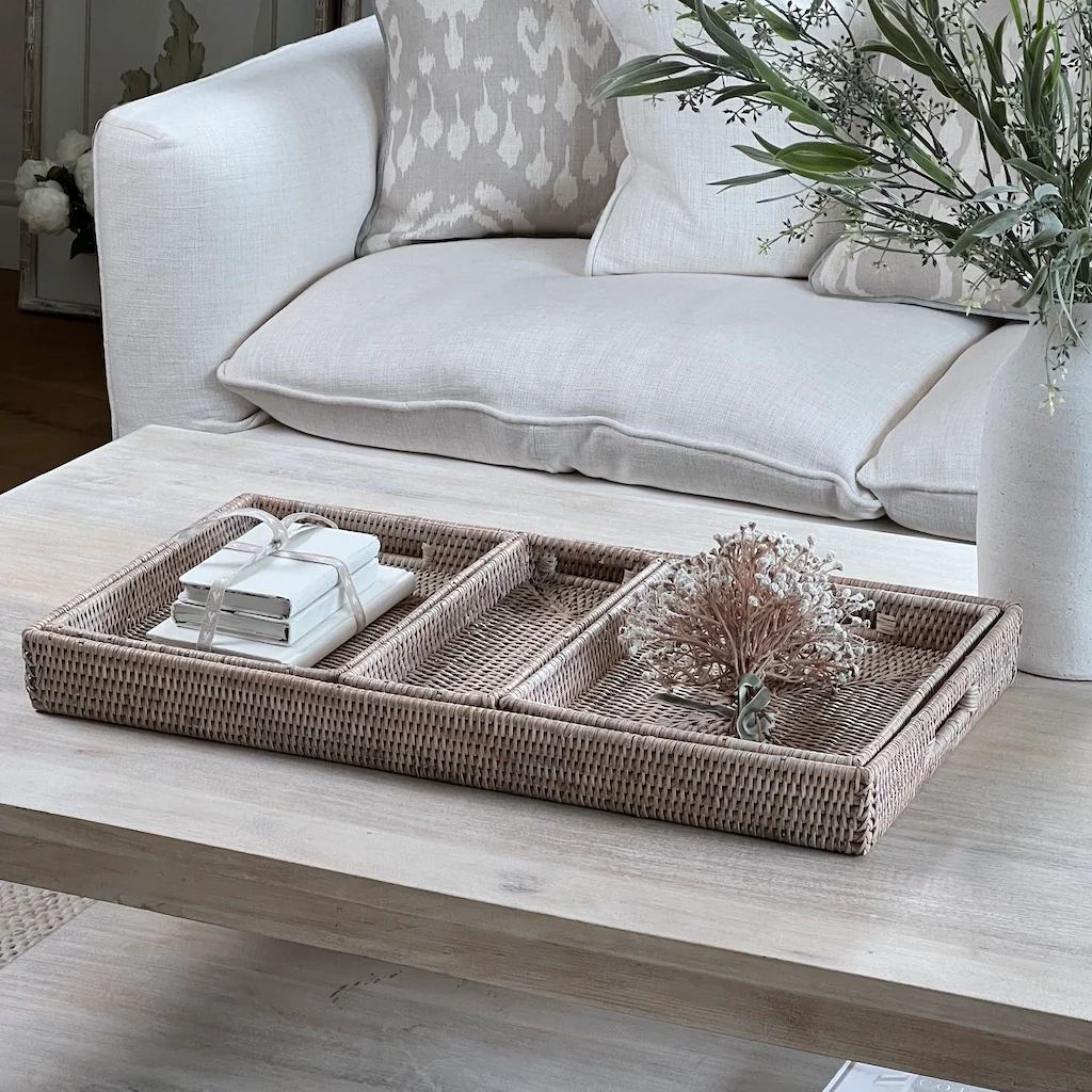 Whitewashed Low Profile Rattan Trays Four Sizes Available - Image 9