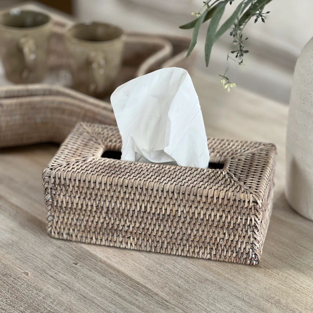 Whitewashed Rattan Rectangular Tissue Box - Image 3
