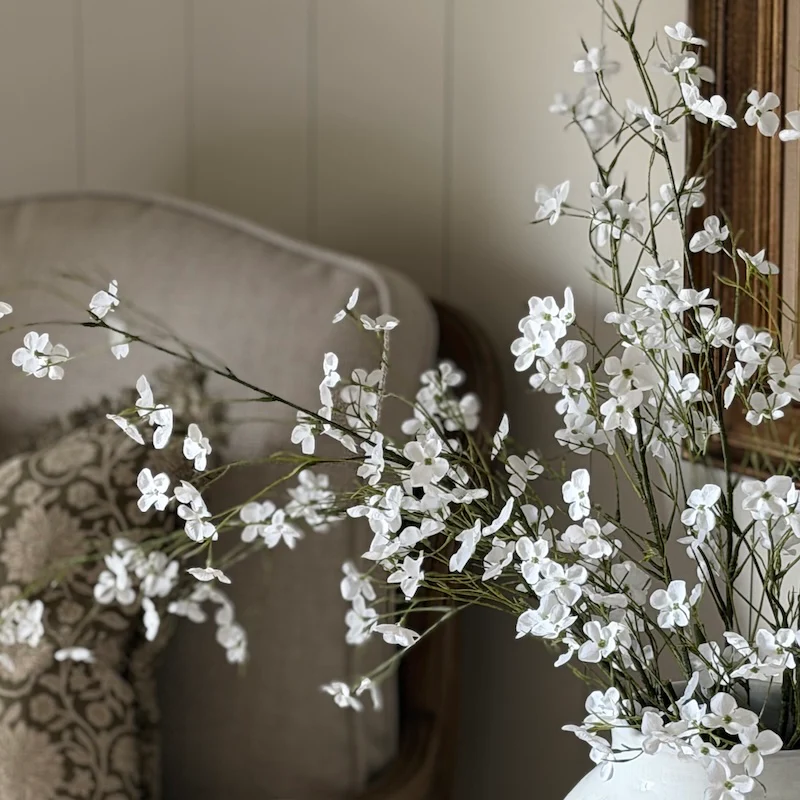 Wild Cherry Blossom Stem – Soft White Faux Floral Spray - Image 7